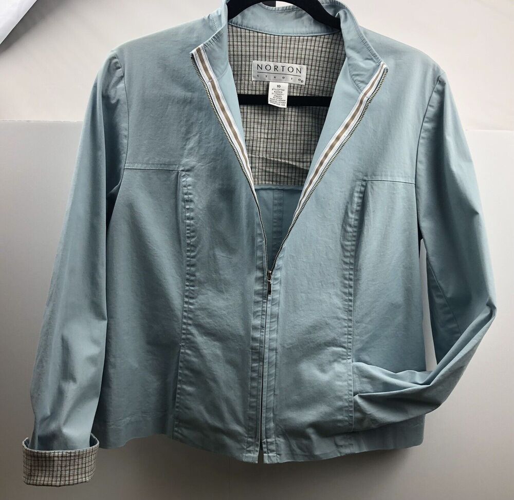 Norton Studio Jacket Women 10 Blue Zip Front Pockets Cotton Blend Lightweight